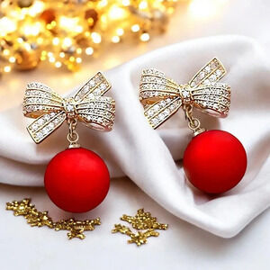 🆕️🎀 Festive Red Bow Dangle Earrings ✨ Sparkling Holiday Christmas Chic 🎁 🎄